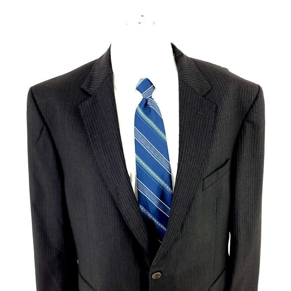 Jos A Bank Signature Gold Wool 2 Button Suit Jacket 46R Gray W Blue Gray Striped